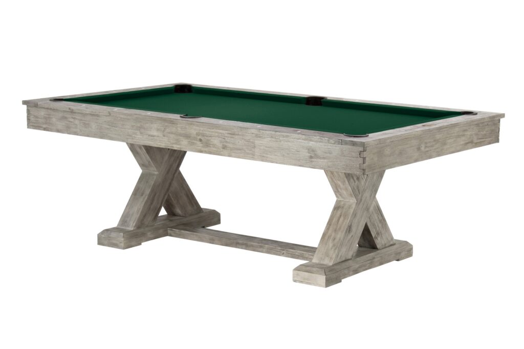 Elegant Legacy pool table that is compatible indoors or outdoors.